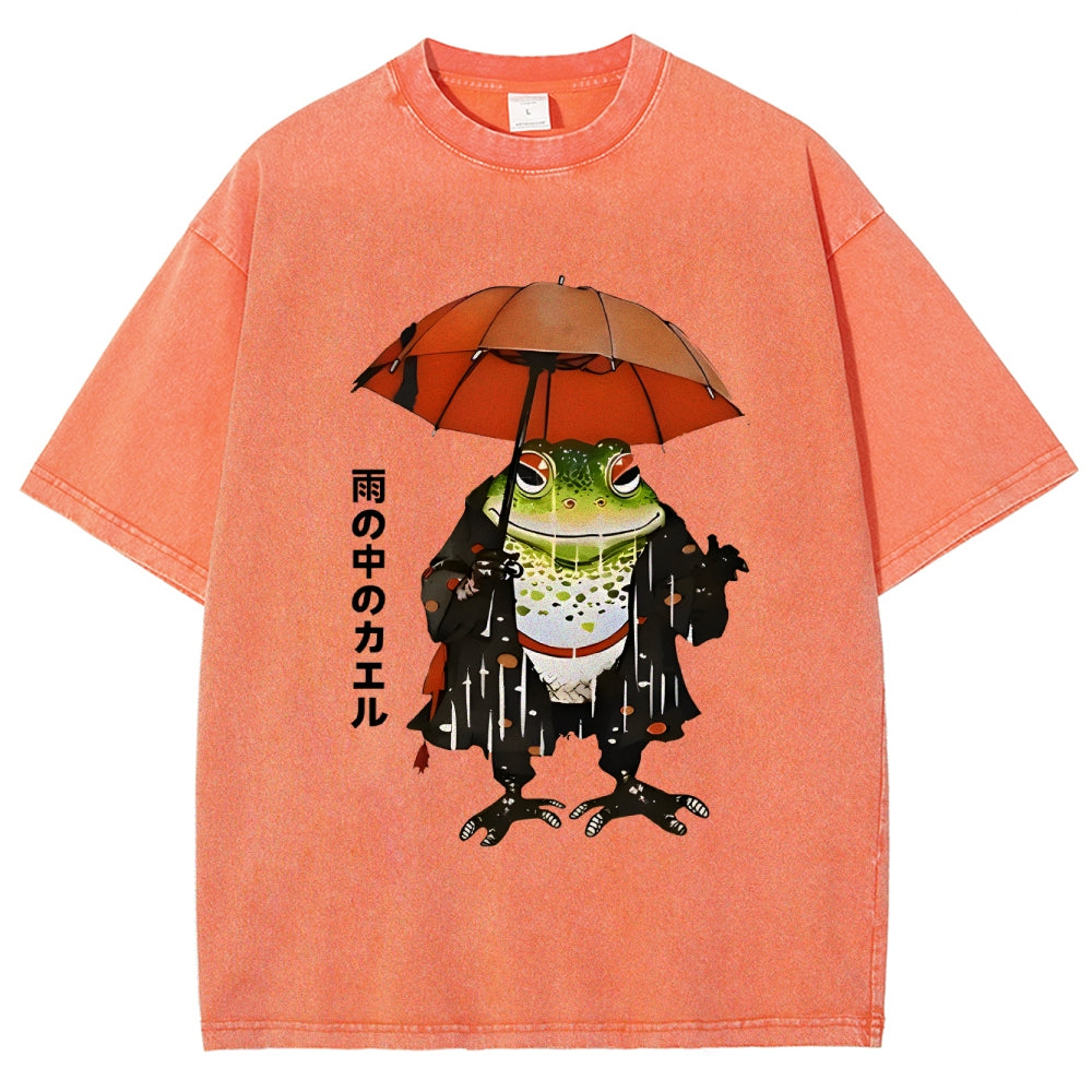 Frog In The Rain Vintage Wash Japanese Design T-Shirt
