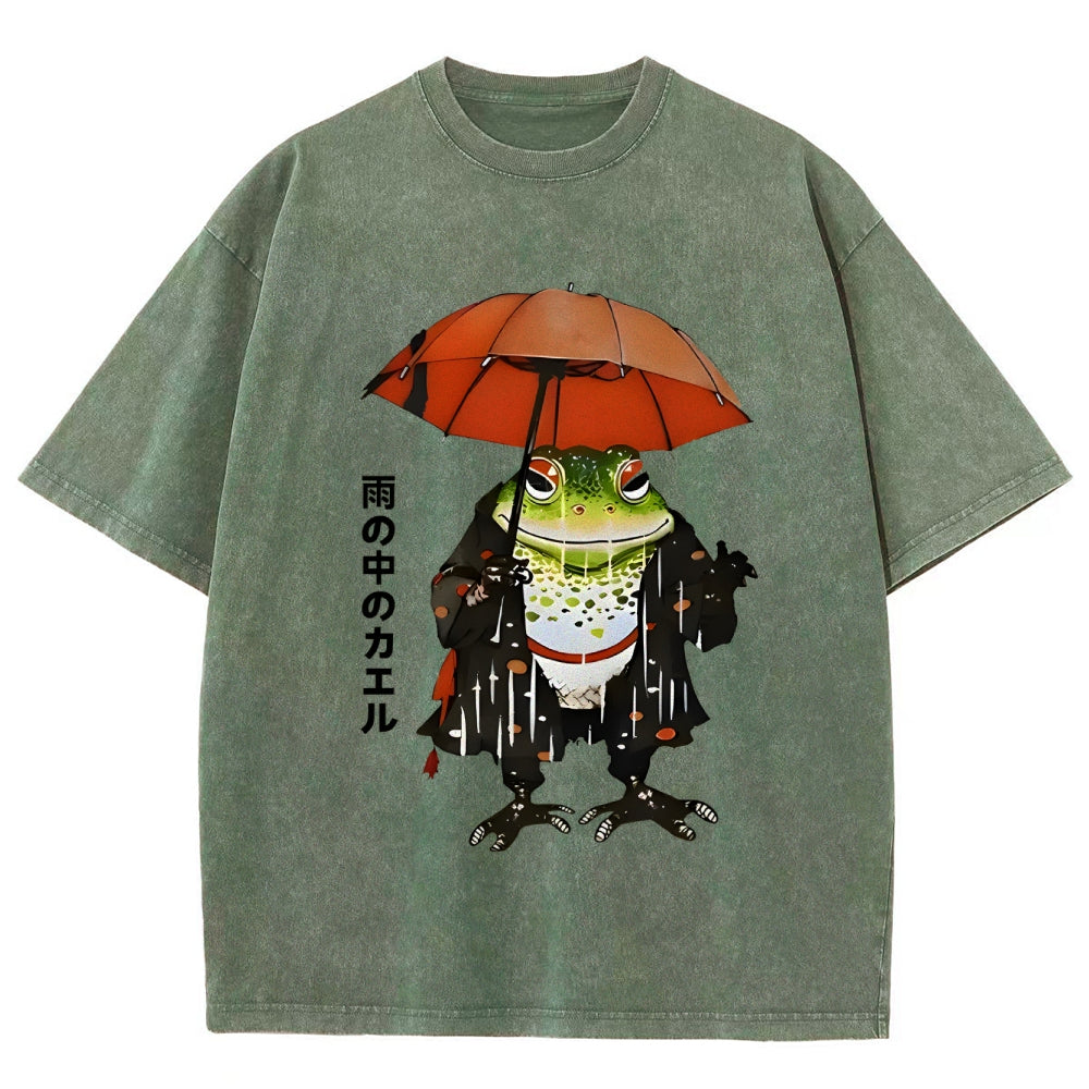 Frog In The Rain Vintage Wash Japanese Design T-Shirt