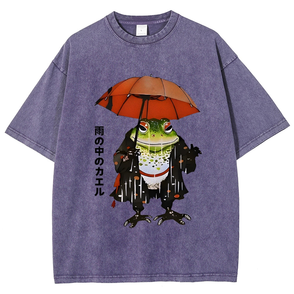Frog In The Rain Vintage Wash Japanese Design T-Shirt