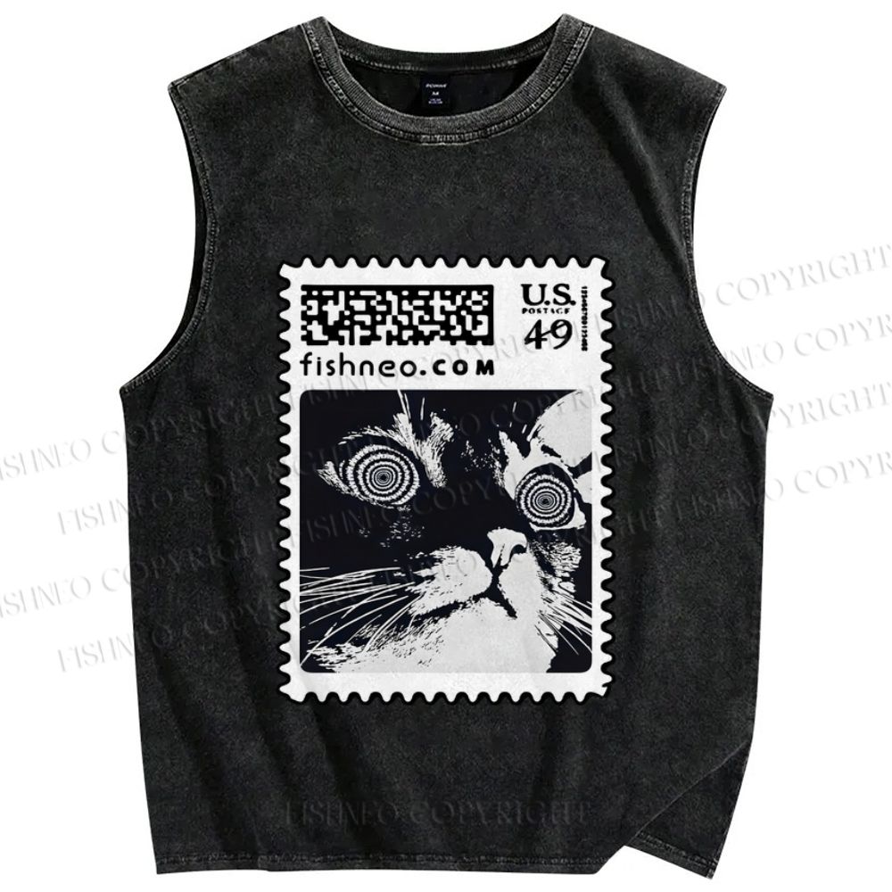 Unisex Stamp Cat Printed Washed Tank Top