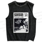 Unisex Stamp Cat Printed Washed Tank Top