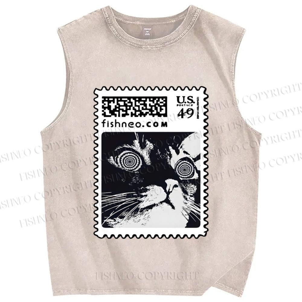 Unisex Stamp Cat Printed Washed Tank Top