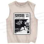 Unisex Stamp Cat Printed Washed Tank Top