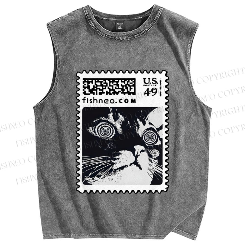 Unisex Stamp Cat Printed Washed Tank Top