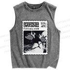 Unisex Stamp Cat Printed Washed Tank Top