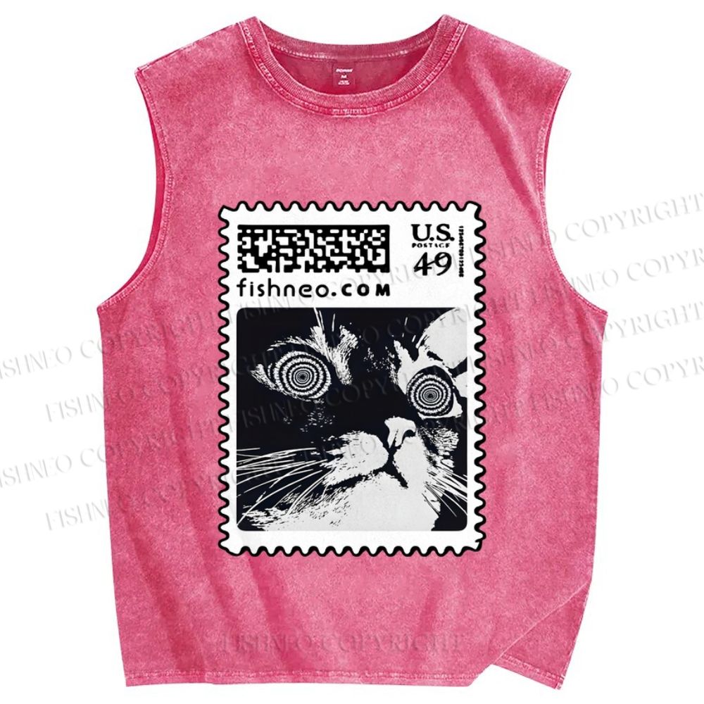 Unisex Stamp Cat Printed Washed Tank Top