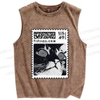 Unisex Stamp Cat Printed Washed Tank Top