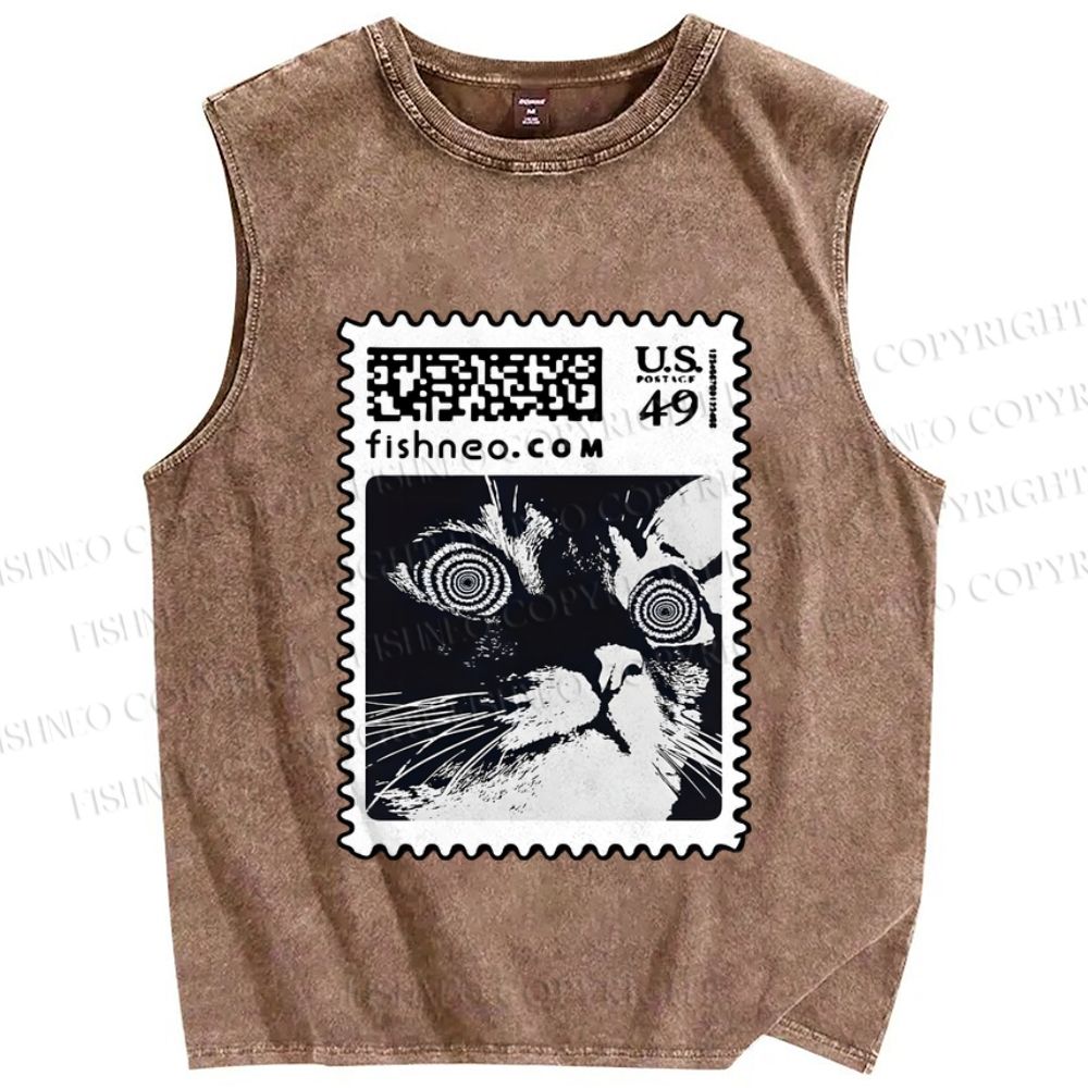 Unisex Stamp Cat Printed Washed Tank Top