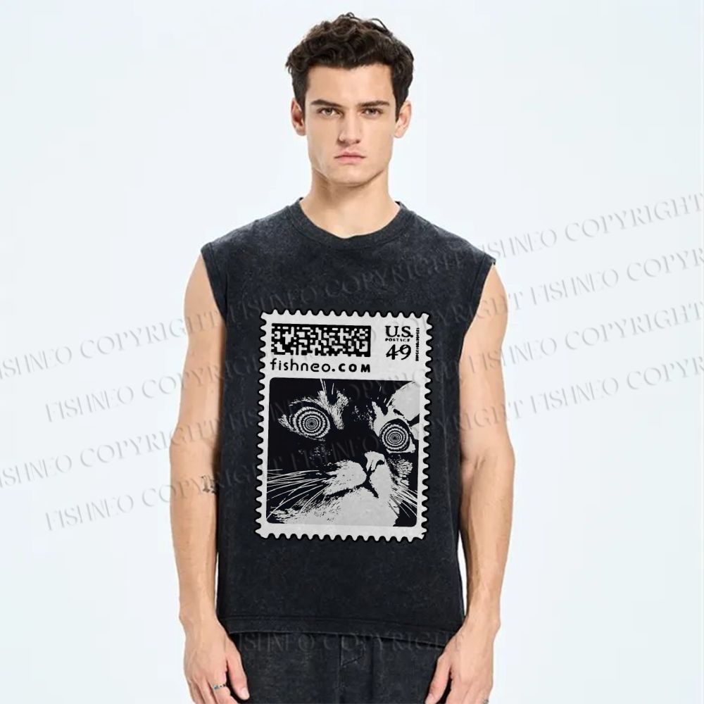 Unisex Stamp Cat Printed Washed Tank Top