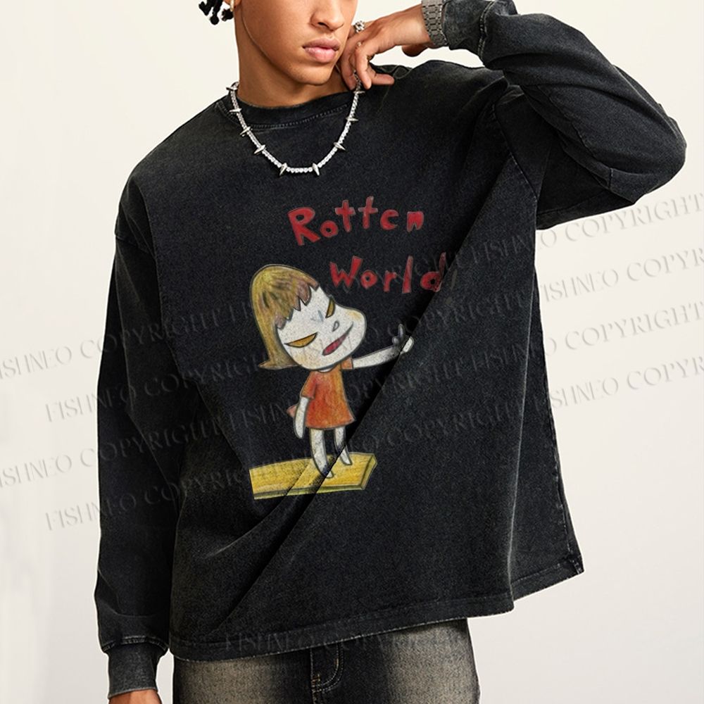 Unisex Casual Washed  Japanese Art Yoshitomo Nara Rottcn World Printed Long Sleeve T-shirt