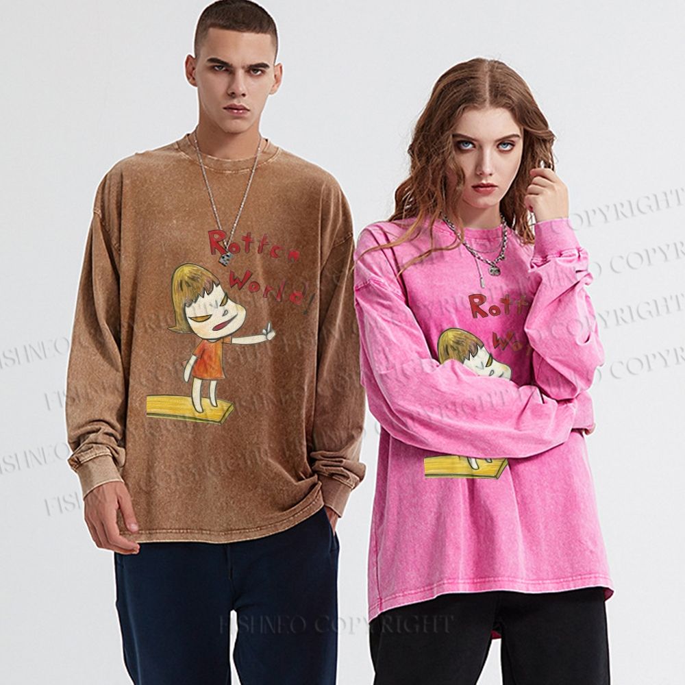 Unisex Casual Washed  Japanese Art Yoshitomo Nara Rottcn World Printed Long Sleeve T-shirt