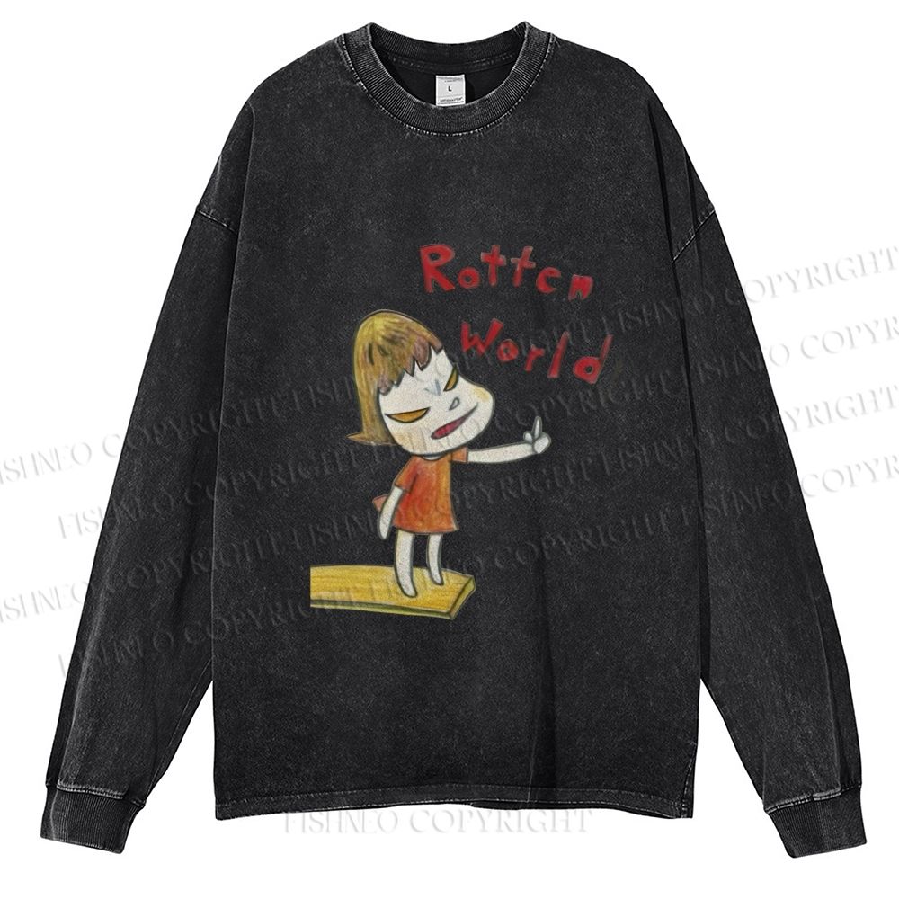 Unisex Casual Washed  Japanese Art Yoshitomo Nara Rottcn World Printed Long Sleeve T-shirt