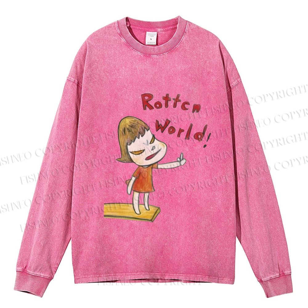 Unisex Casual Washed  Japanese Art Yoshitomo Nara Rottcn World Printed Long Sleeve T-shirt