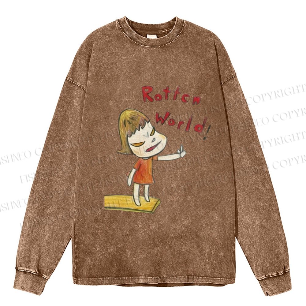 Unisex Casual Washed  Japanese Art Yoshitomo Nara Rottcn World Printed Long Sleeve T-shirt