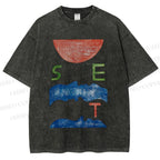 Unisex Abstract Waves Sunrise Printed Washed Tee