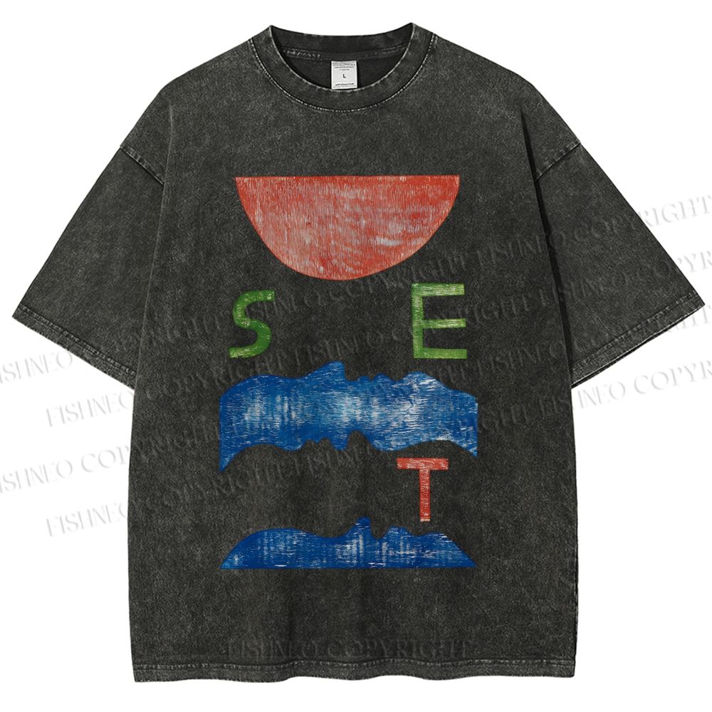 Unisex Abstract Waves Sunrise Printed Washed Tee