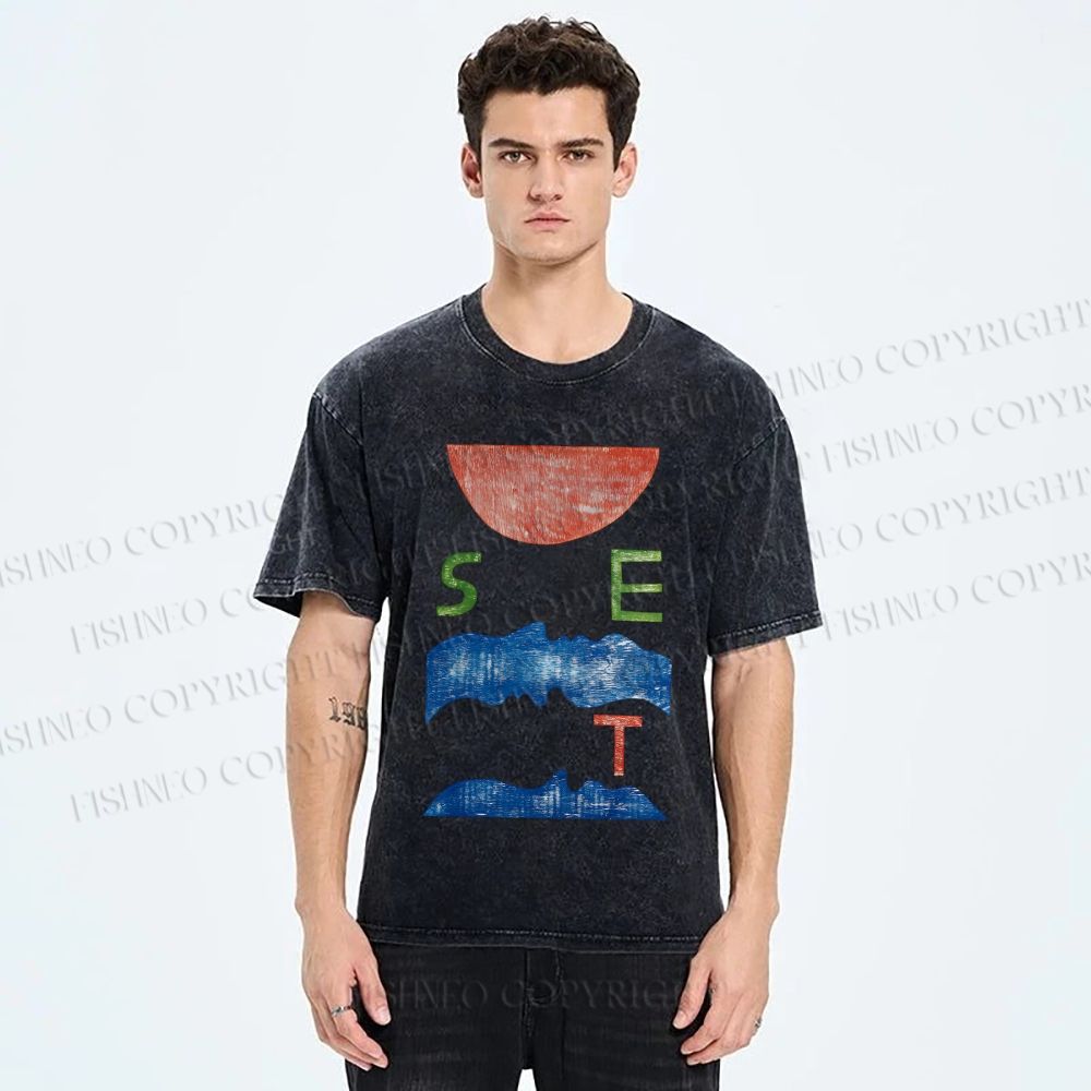 Unisex Abstract Waves Sunrise Printed Washed Tee