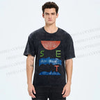Unisex Abstract Waves Sunrise Printed Washed Tee