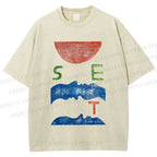 Unisex Abstract Waves Sunrise Printed Washed Tee