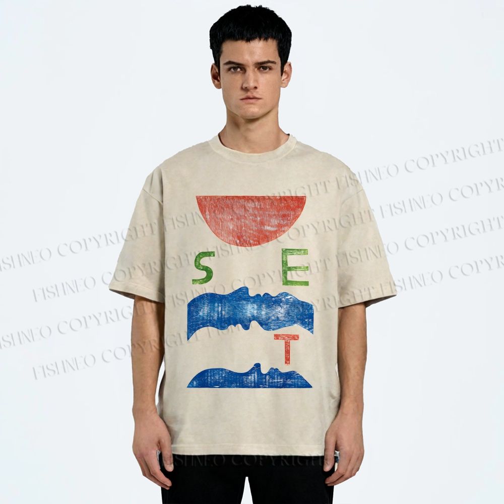 Unisex Abstract Waves Sunrise Printed Washed Tee