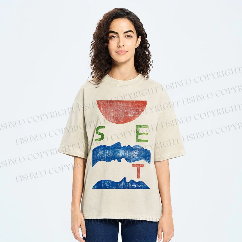 Unisex Abstract Waves Sunrise Printed Washed Tee