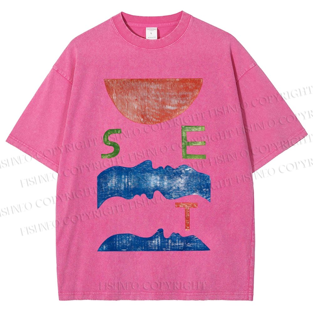Unisex Abstract Waves Sunrise Printed Washed Tee