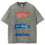 Unisex Abstract Waves Sunrise Printed Washed Tee