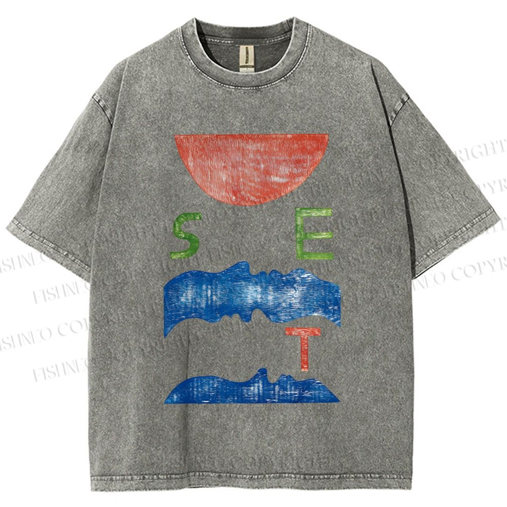 Unisex Abstract Waves Sunrise Printed Washed Tee