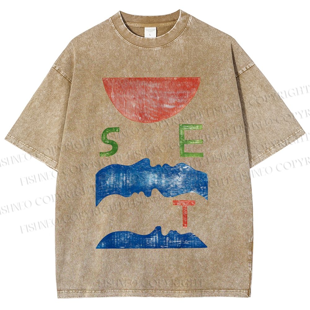 Unisex Abstract Waves Sunrise Printed Washed Tee