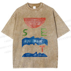 Unisex Abstract Waves Sunrise Printed Washed Tee