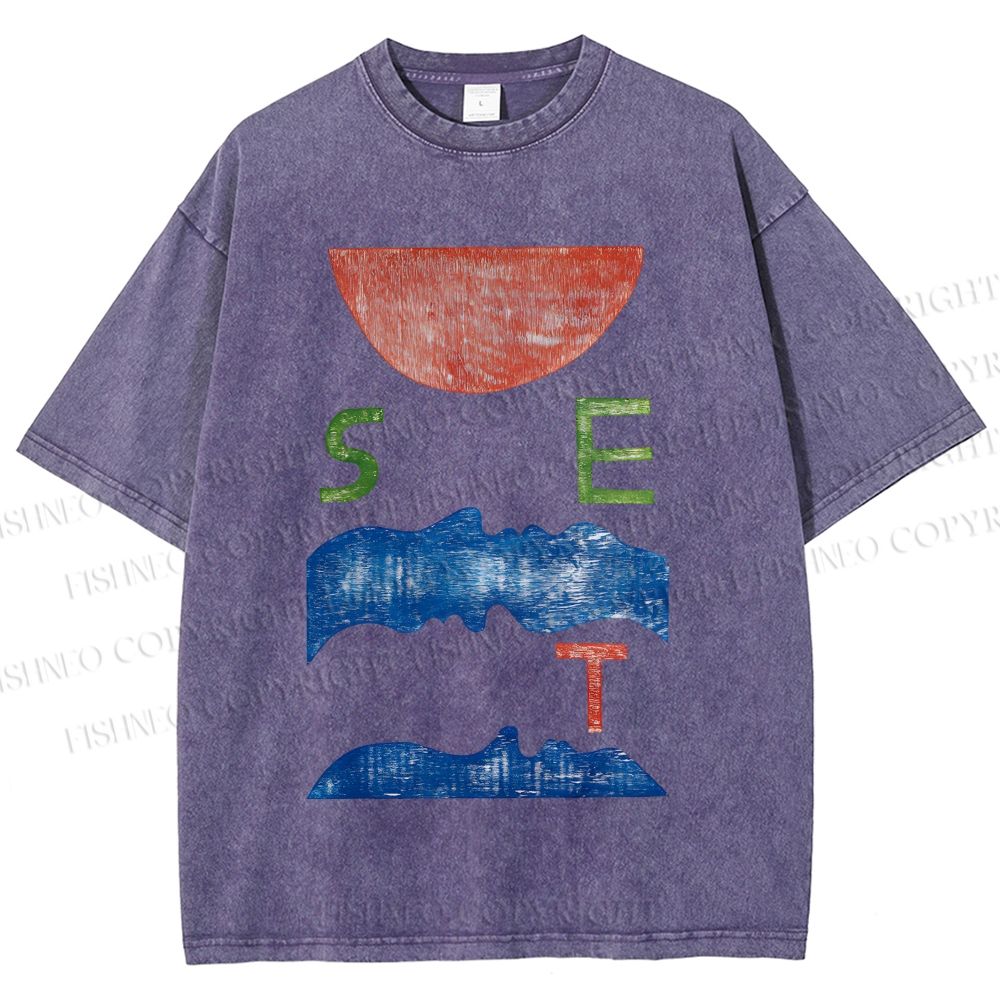 Unisex Abstract Waves Sunrise Printed Washed Tee