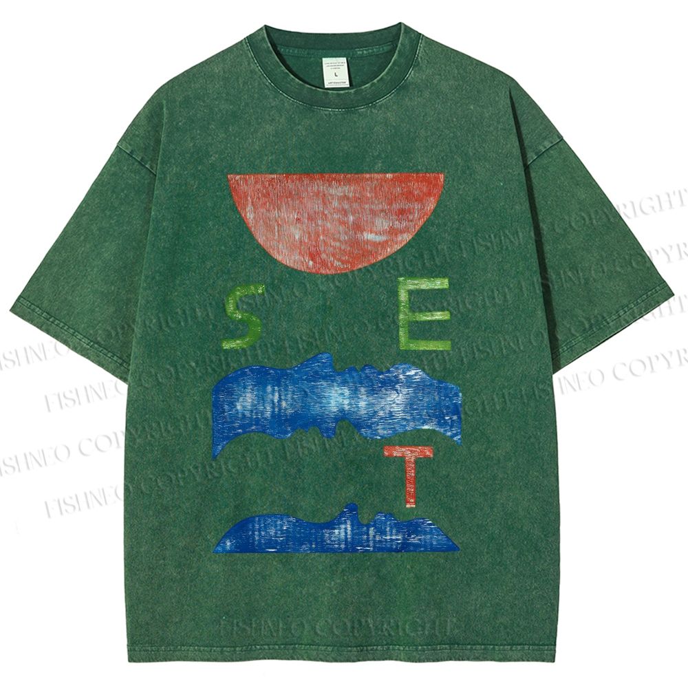 Unisex Abstract Waves Sunrise Printed Washed Tee