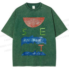 Unisex Abstract Waves Sunrise Printed Washed Tee