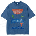 Unisex Abstract Waves Sunrise Printed Washed Tee