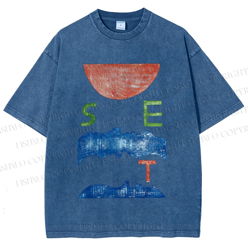 Unisex Abstract Waves Sunrise Printed Washed Tee
