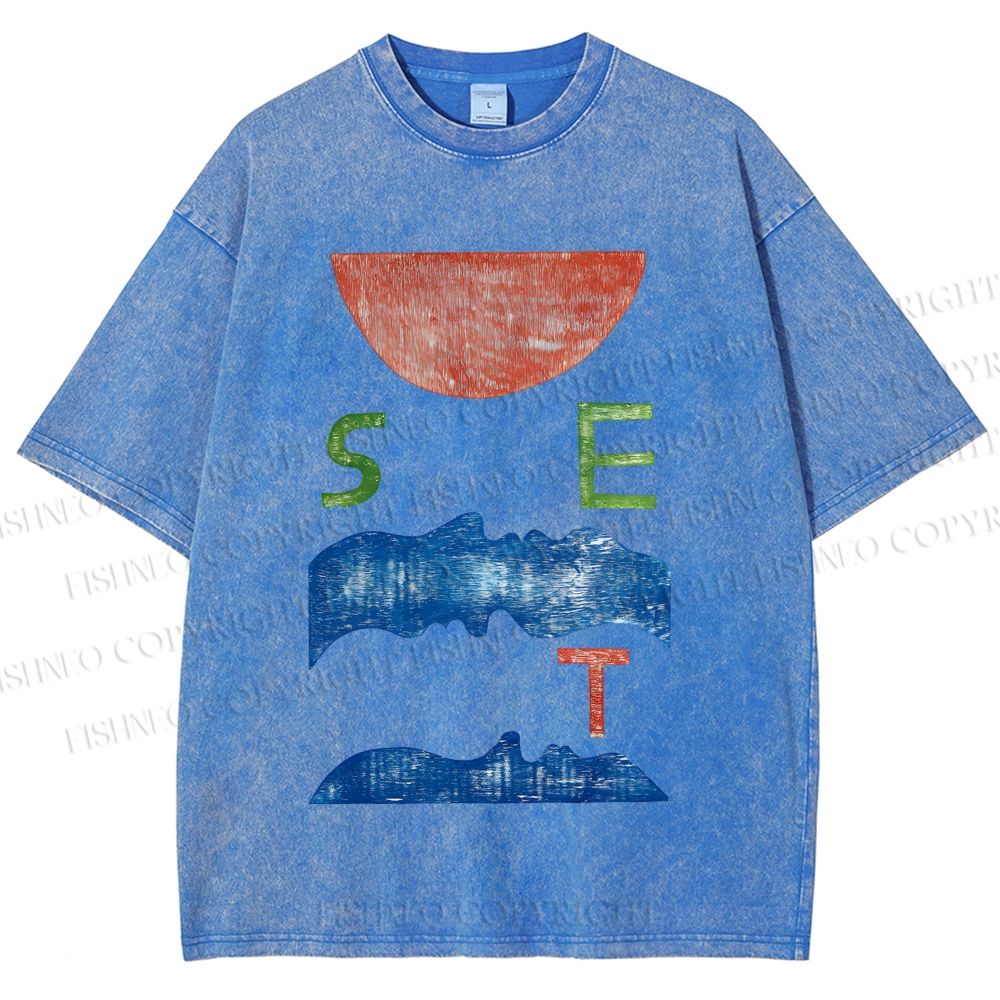 Unisex Abstract Waves Sunrise Printed Washed Tee