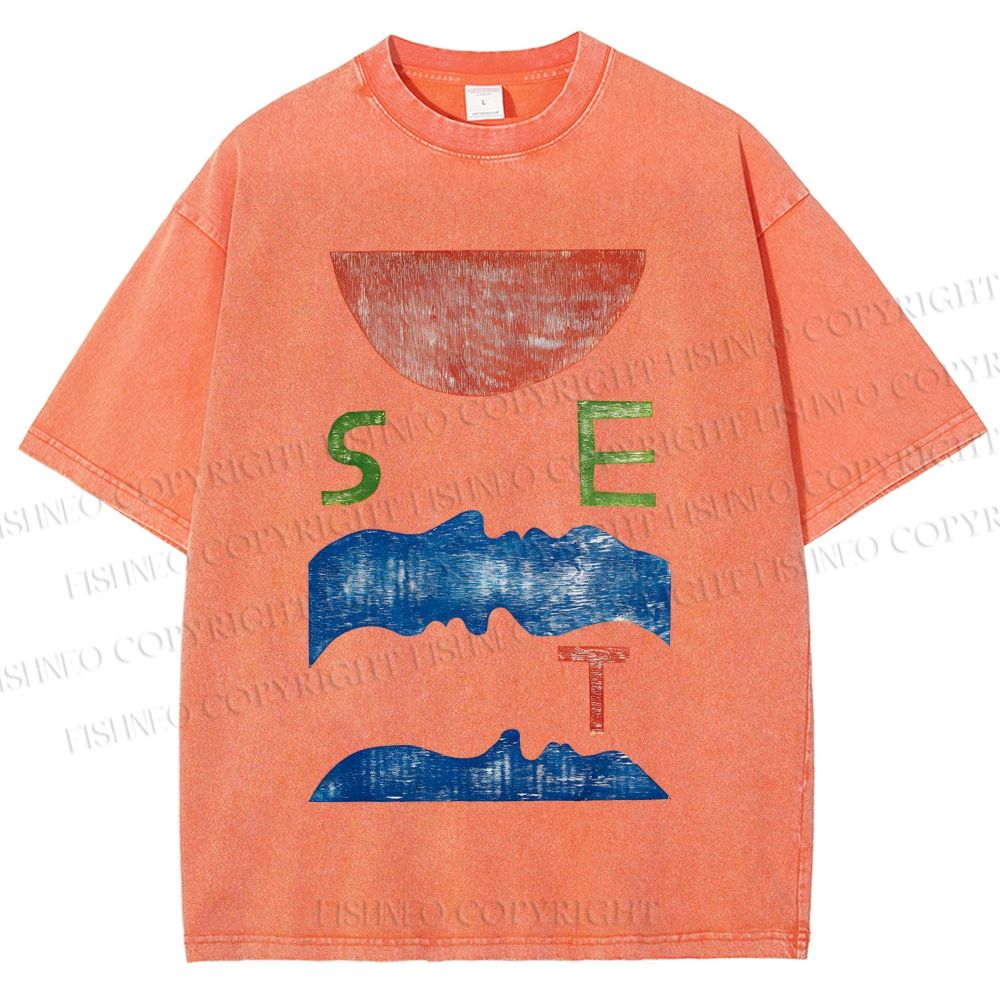 Unisex Abstract Waves Sunrise Printed Washed Tee