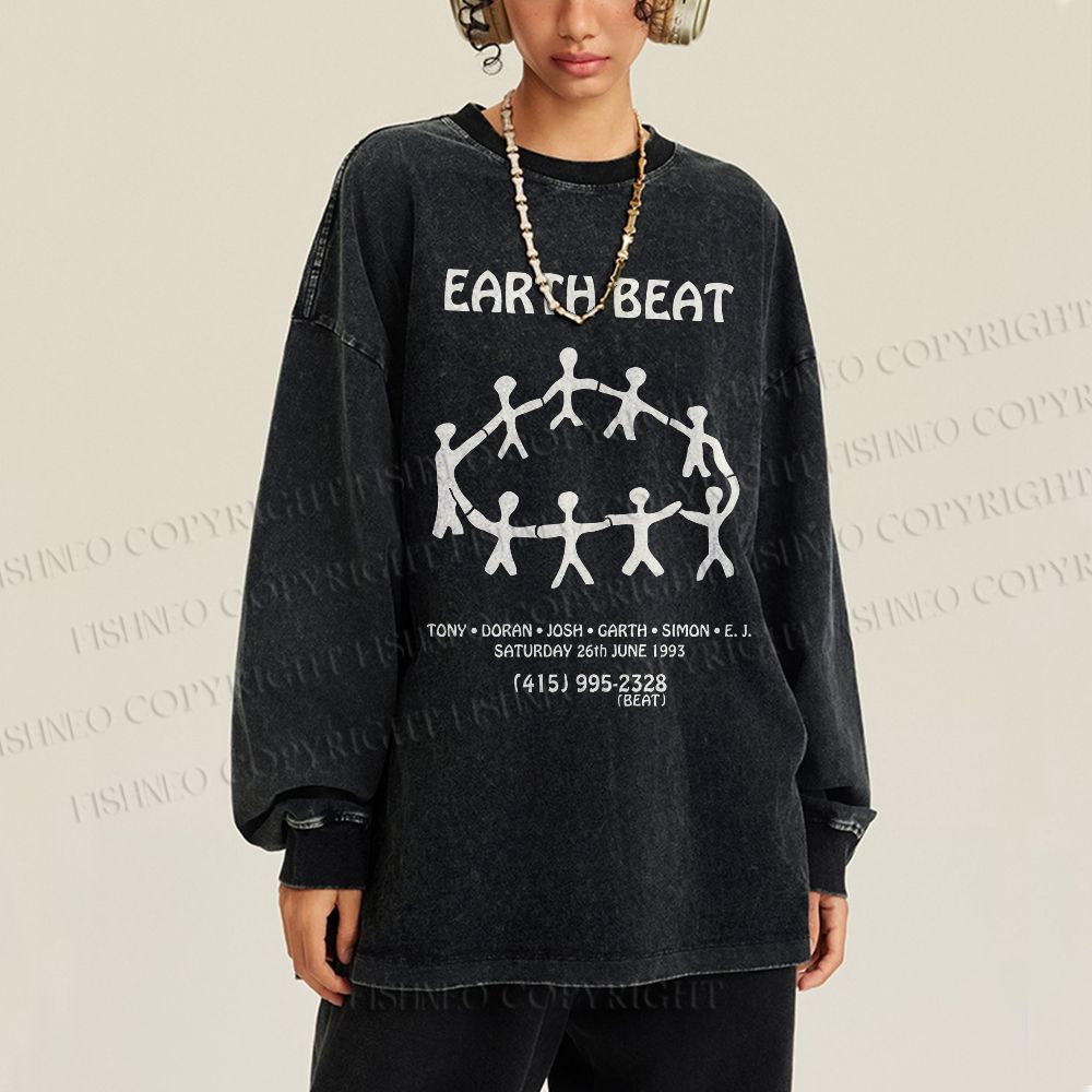 Unisex Casual Washed Earth Beat Printed Long Sleeve T-shirt