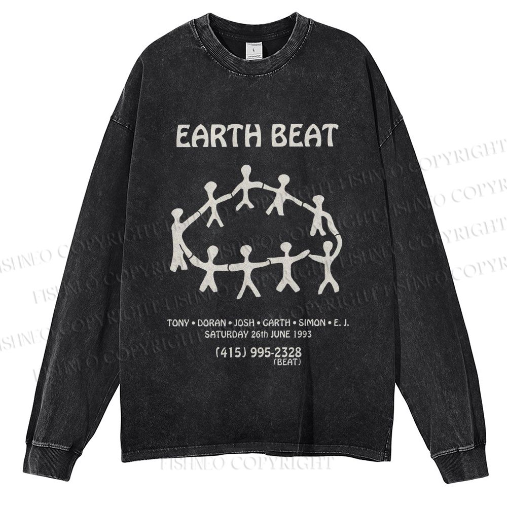 Unisex Casual Washed Earth Beat Printed Long Sleeve T-shirt