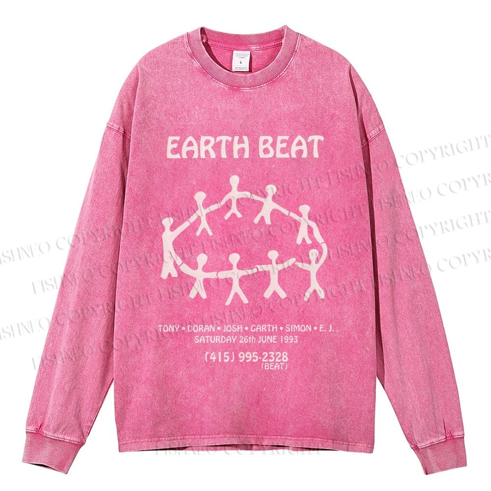 Unisex Casual Washed Earth Beat Printed Long Sleeve T-shirt