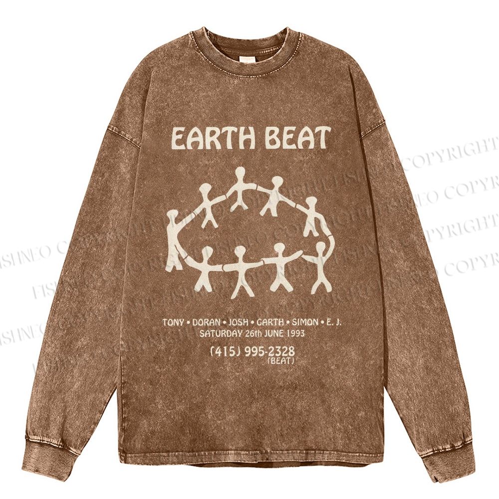 Unisex Casual Washed Earth Beat Printed Long Sleeve T-shirt