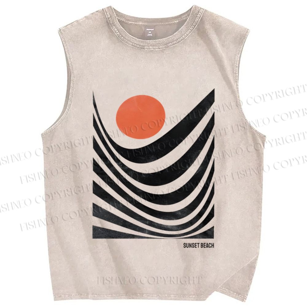 Unisex Abstract Waves Sunrise Printed Washed Tank Top