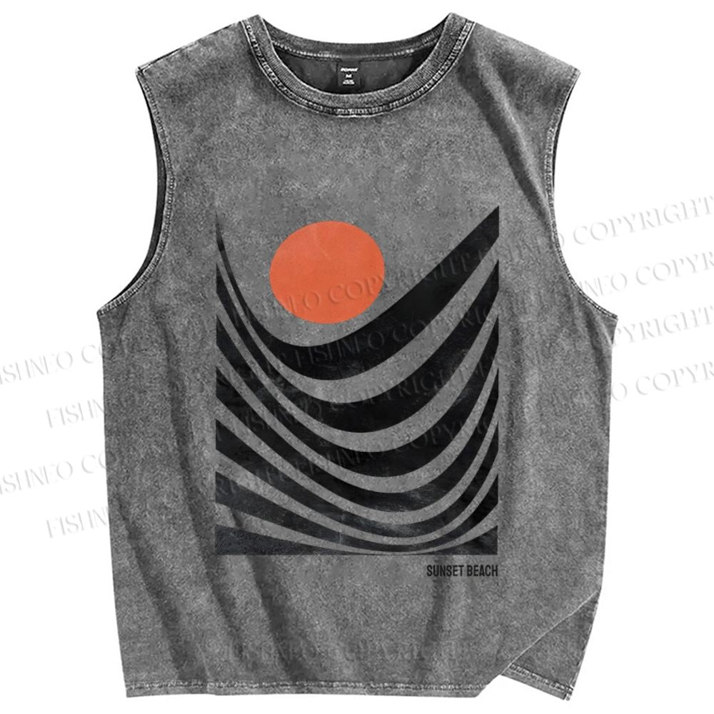 Unisex Abstract Waves Sunrise Printed Washed Tank Top