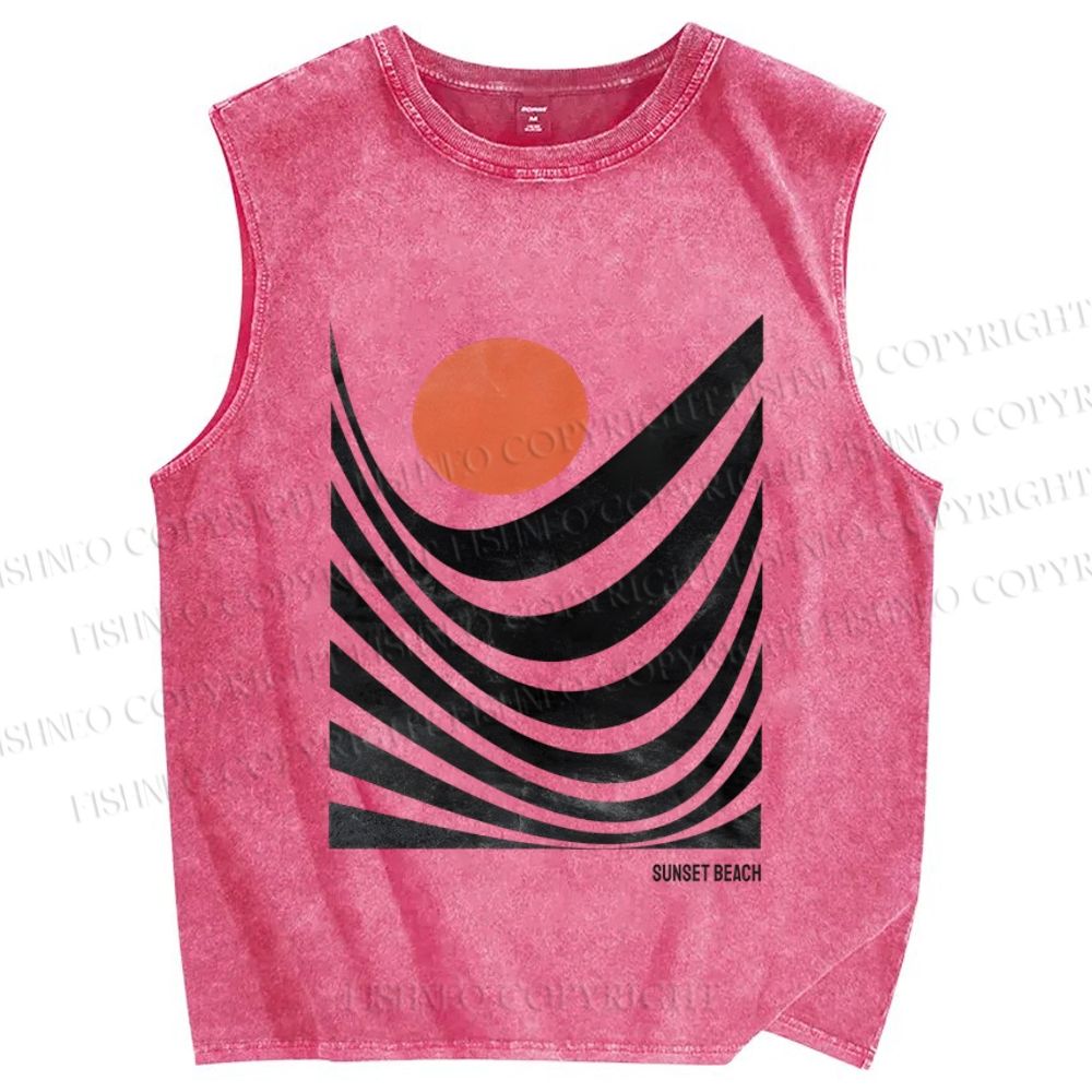 Unisex Abstract Waves Sunrise Printed Washed Tank Top
