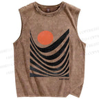 Unisex Abstract Waves Sunrise Printed Washed Tank Top