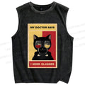 Unisex Black Cat Needs Glasses Printed Washed Tank Top