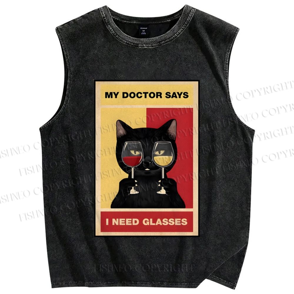 Unisex Black Cat Needs Glasses Printed Washed Tank Top