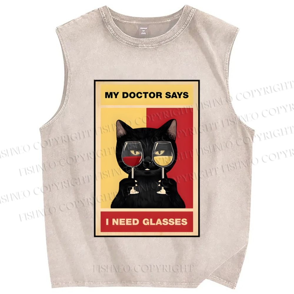 Unisex Black Cat Needs Glasses Printed Washed Tank Top