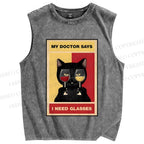 Unisex Black Cat Needs Glasses Printed Washed Tank Top