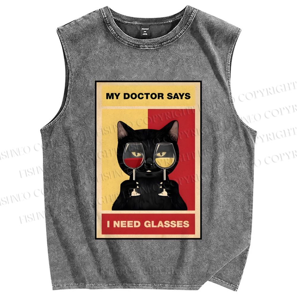 Unisex Black Cat Needs Glasses Printed Washed Tank Top
